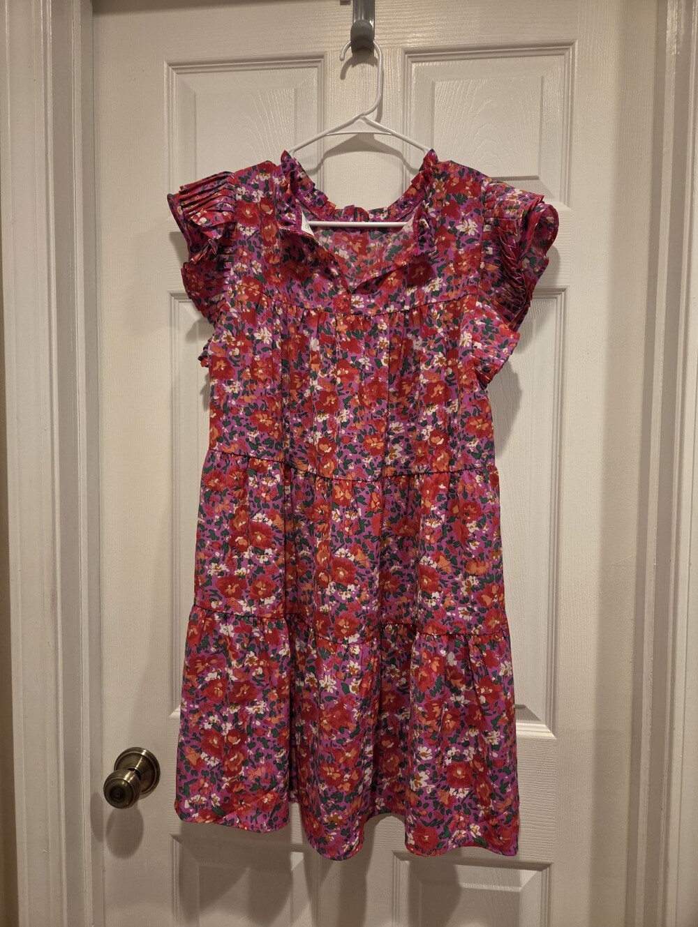 Womens Floral Pink Ruffle Sleeve Dress